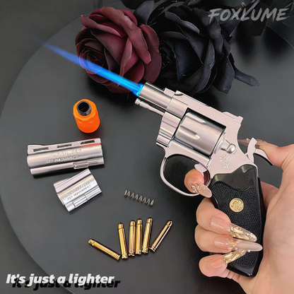 Foxlume Revolver-Style Windproof Metal Butane Lighter with Adjustable Flame Fuel Not Included
