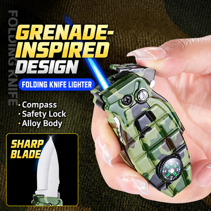 Military-Inspired Windproof Butane Lighter with Folding Knife, Compass & Safety Lock – Camping Fire Starter and Gift for Outdoor Enthusiasts (Butane Fuel Sold Separately)