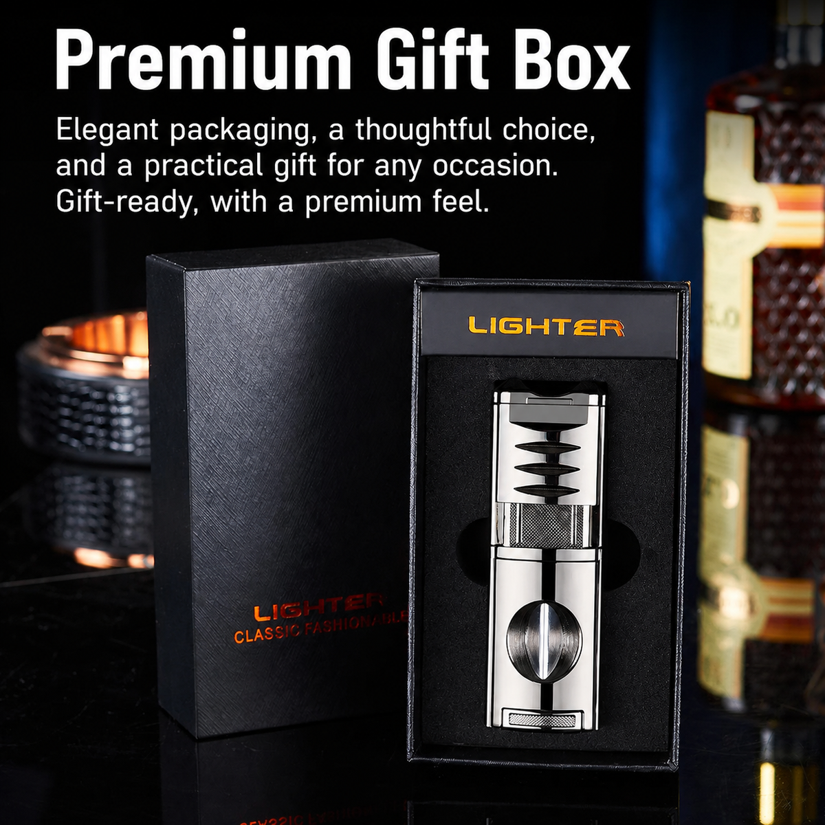 All-in-One Cigar Torch Lighter Set with V Cutter, Punch and Holder, Windproof Triple Jet Refillable Butane Lighter Kit with Present Box, Adjustable Flame (Gas Not Included)
