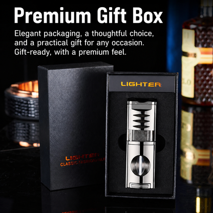 All-in-One Cigar Torch Lighter Set with V Cutter, Punch and Holder, Windproof Triple Jet Refillable Butane Lighter Kit with Present Box, Adjustable Flame (Gas Not Included)