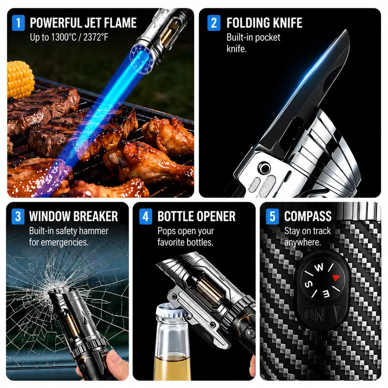 5-IN-1 Butane Torch Lighter [No Gas] with Folding Knife, Window Breaker, Bottle Opener & Compass – Windproof EDC Multi Tool for Camping, BBQ & Outdoor Adventures
