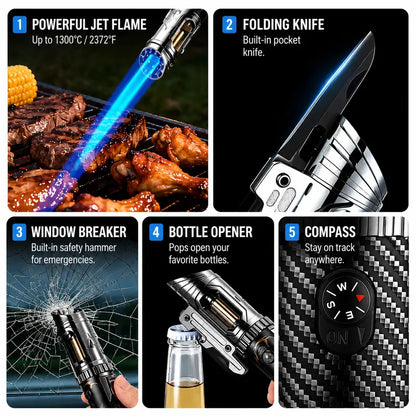 5-IN-1 Butane Torch Lighter [No Gas] with Folding Knife, Window Breaker, Bottle Opener & Compass – Windproof EDC Multi Tool for Camping, BBQ & Outdoor Adventures