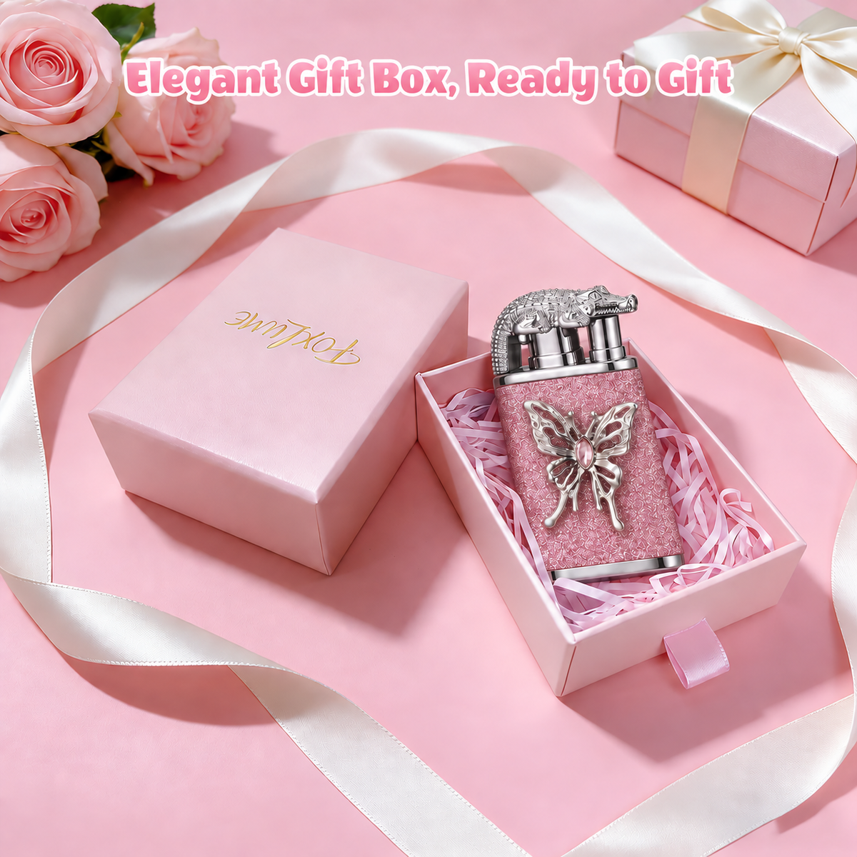 Elegant Dual Flame Butane Lighter for Women, Sparkling Refillable Pocket Lighter with Windproof Jet & Soft Flame, Adjustable Flame and Gift Box, Birthday Gift for Her (Fuel Not Included)