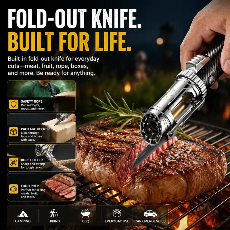 5-IN-1 Butane Torch Lighter [No Gas] with Folding Knife, Window Breaker, Bottle Opener & Compass – Windproof EDC Multi Tool for Camping, BBQ & Outdoor Adventures