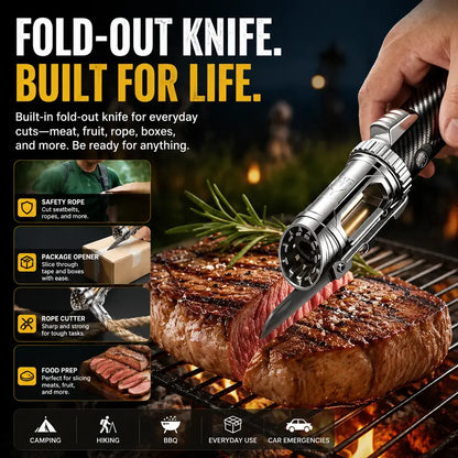 5-IN-1 Butane Torch Lighter [No Gas] with Folding Knife, Window Breaker, Bottle Opener & Compass – Windproof EDC Multi Tool for Camping, BBQ & Outdoor Adventures