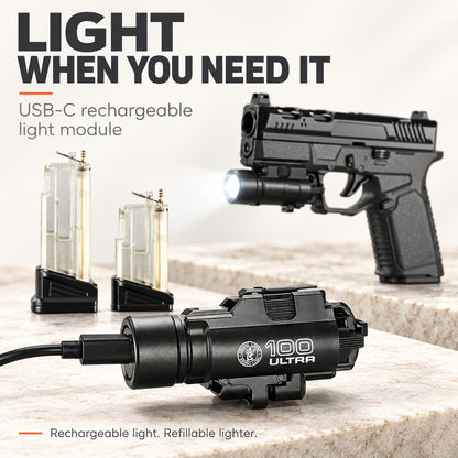 Black Pistol-Shaped Butane Torch Lighter Set with Rechargeable Light, Black Tip & 2 Interchangeable Fuel Reservoirs — Butane Not Included