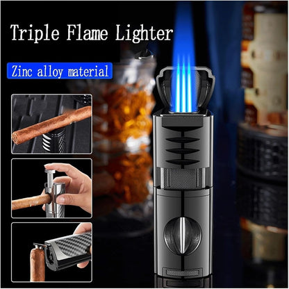 All-in-One Cigar Torch Lighter Set with V Cutter, Punch and Holder, Windproof Triple Jet Refillable Butane Lighter Kit with Present Box, Adjustable Flame (Gas Not Included)