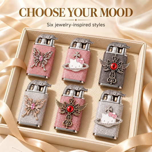 Elegant Dual Flame Butane Lighter for Women, Sparkling Refillable Pocket Lighter with Windproof Jet & Soft Flame, Adjustable Flame and Gift Box, Birthday Gift for Her (Fuel Not Included)