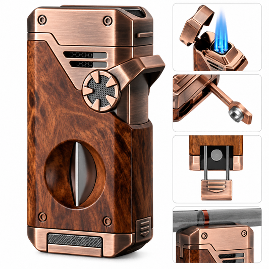 Windproof Metal 4 Flame Butane Lighter(Gas Not Included), With V Cutter, Punch and Holder