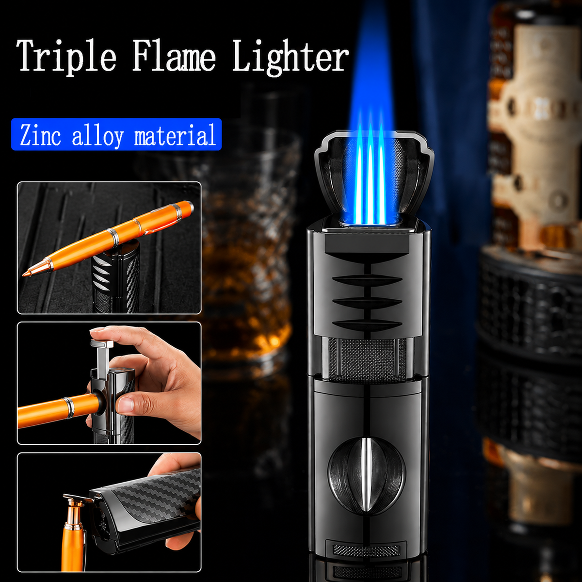 All-in-One Cigar Torch Lighter Set with V Cutter, Punch and Holder, Windproof Triple Jet Refillable Butane Lighter Kit with Present Box, Adjustable Flame (Gas Not Included)