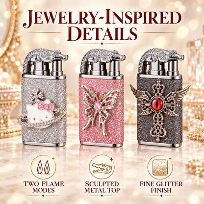 Elegant Dual Flame Butane Lighter for Women, Sparkling Refillable Pocket Lighter with Windproof Jet & Soft Flame, Adjustable Flame and Gift Box, Birthday Gift for Her (Fuel Not Included)