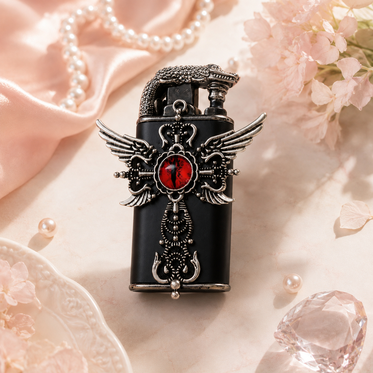 Cute style Bow Dual-Flame Lighter with Rhinestone Accent, Decorative Metal Pocket Lighter, Pink & White,Black( No Fuel Included)