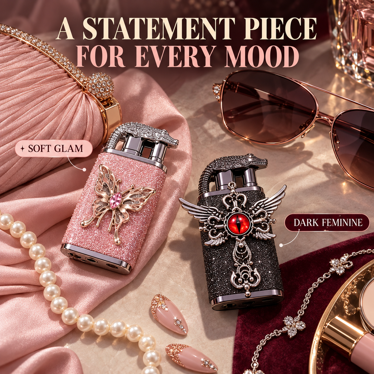 Elegant Dual Flame Butane Lighter for Women, Sparkling Refillable Pocket Lighter with Windproof Jet & Soft Flame, Adjustable Flame and Gift Box, Birthday Gift for Her (Fuel Not Included)