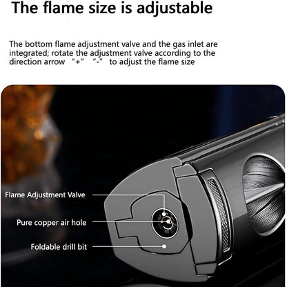 All-in-One Cigar Torch Lighter Set with V Cutter, Punch and Holder, Windproof Triple Jet Refillable Butane Lighter Kit with Present Box, Adjustable Flame (Gas Not Included)