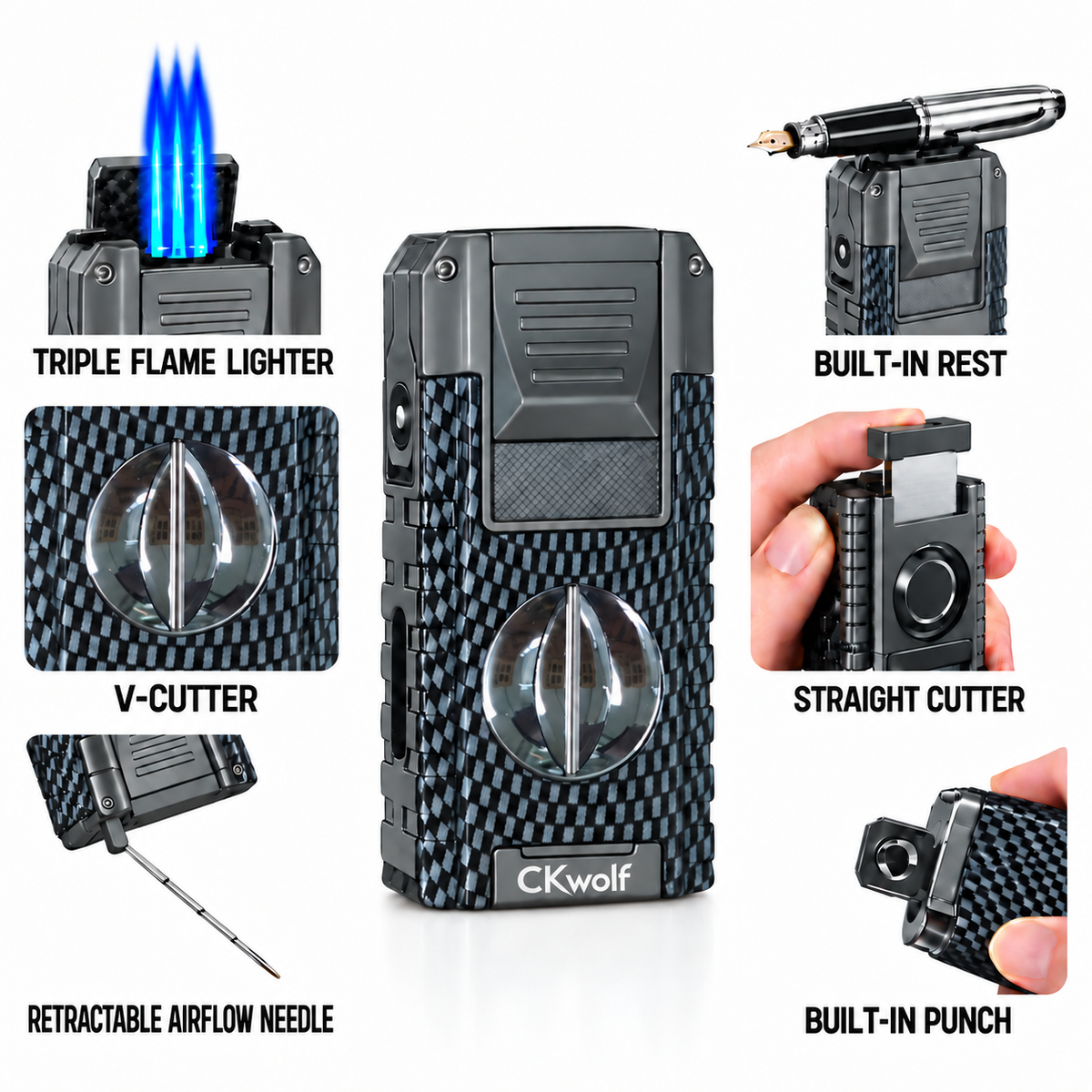 6-in-1 Torch Lighters, Torch Lighter with V & Straight Cutter, Punch, Holder, Draw Enhancer Tool, Triple Windproof Flame, All-in-one Lighter with Multi-Functional Accessory, Refillable Butane Lighters