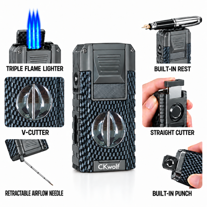 6-in-1 Torch Lighters, Torch Lighter with V & Straight Cutter, Punch, Holder, Draw Enhancer Tool, Triple Windproof Flame, All-in-one Lighter with Multi-Functional Accessory, Refillable Butane Lighters