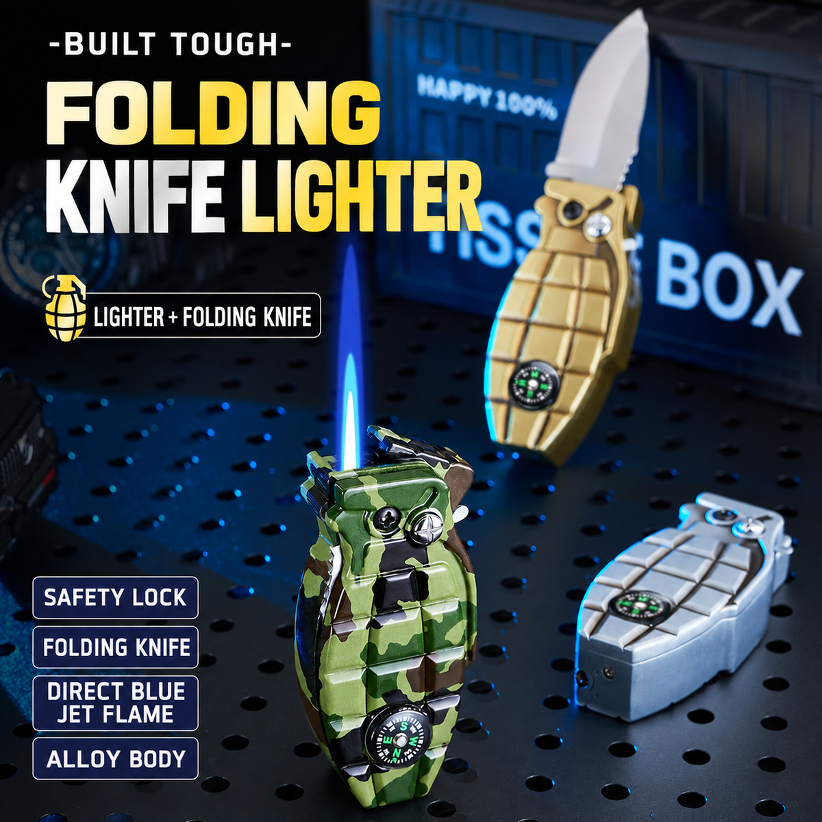 Military-Inspired Windproof Butane Lighter with Folding Knife, Compass & Safety Lock – Camping Fire Starter and Gift for Outdoor Enthusiasts (Butane Fuel Sold Separately)