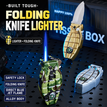 Military-Inspired Windproof Butane Lighter with Folding Knife, Compass & Safety Lock – Camping Fire Starter and Gift for Outdoor Enthusiasts (Butane Fuel Sold Separately)