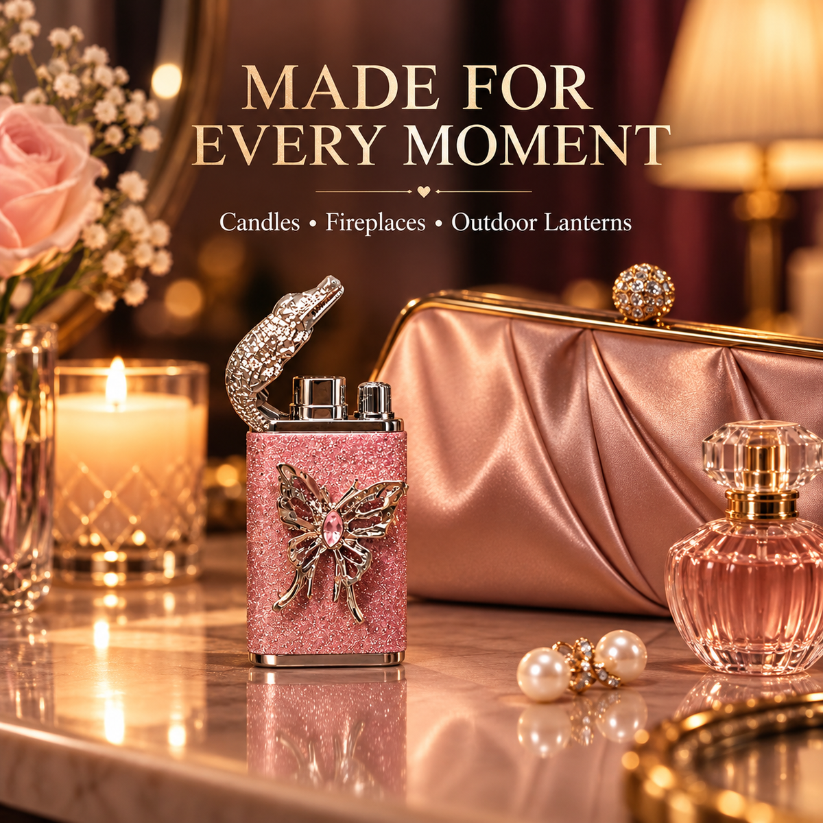 Elegant Dual Flame Butane Lighter for Women, Sparkling Refillable Pocket Lighter with Windproof Jet & Soft Flame, Adjustable Flame and Gift Box, Birthday Gift for Her (Fuel Not Included)