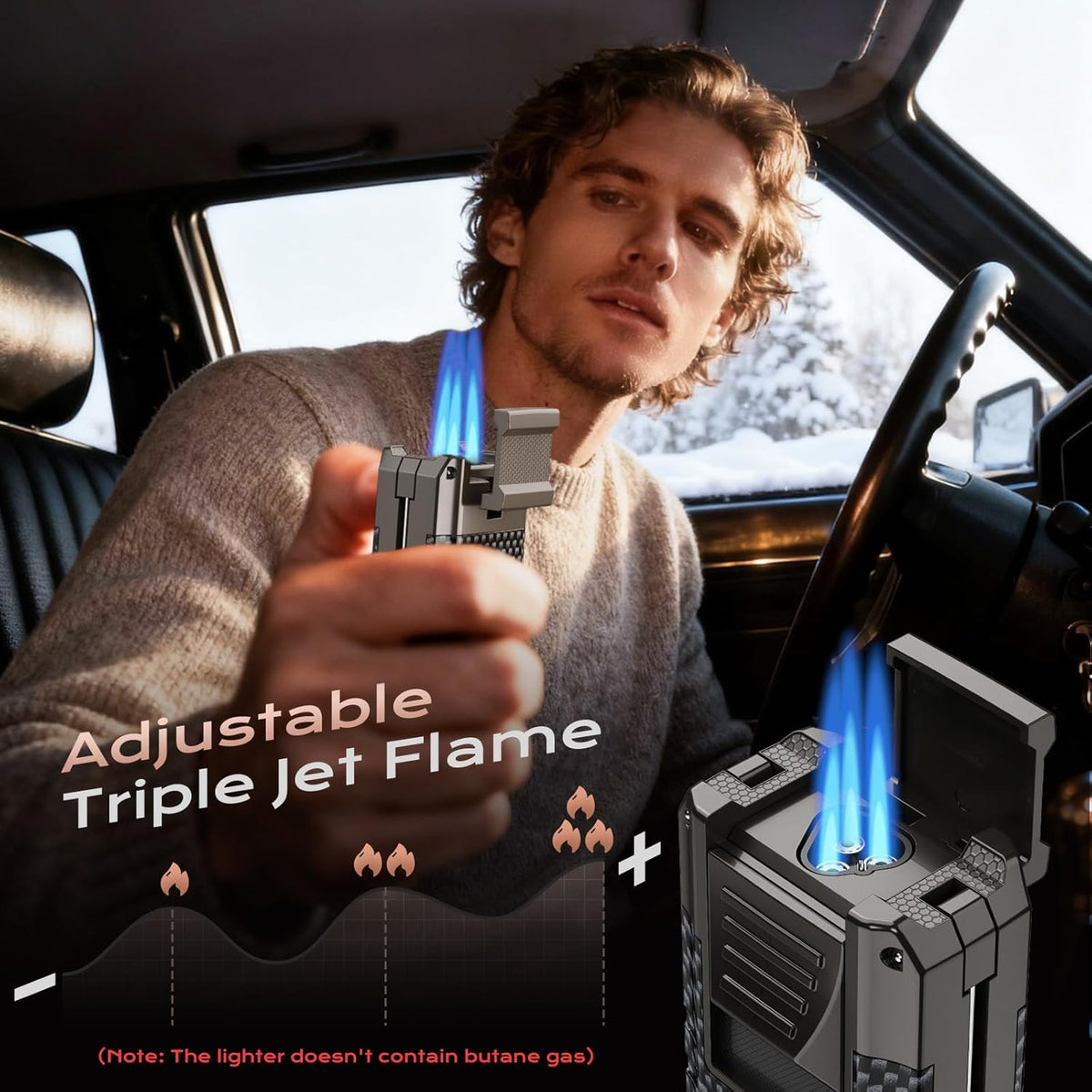 6-in-1 Torch Lighters, Torch Lighter with V & Straight Cutter, Punch, Holder, Draw Enhancer Tool, Triple Windproof Flame, All-in-one Lighter with Multi-Functional Accessory, Refillable Butane Lighters