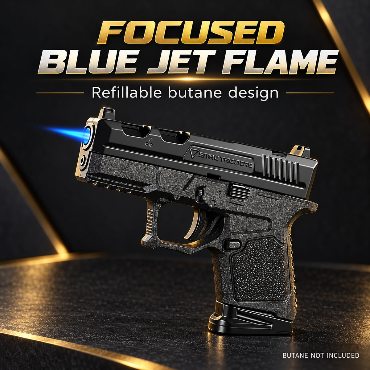 Black Pistol-Shaped Butane Torch Lighter Set with Rechargeable Light, Black Tip & 2 Interchangeable Fuel Reservoirs — Butane Not Included