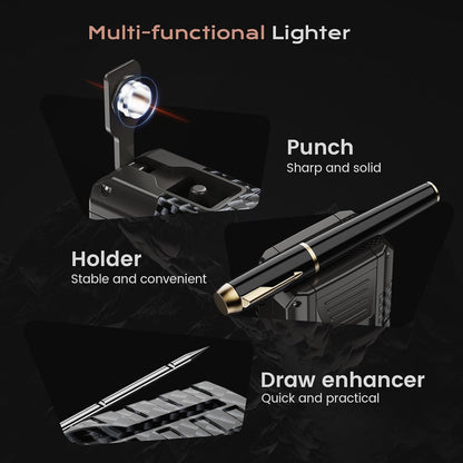6-in-1 Torch Lighters, Torch Lighter with V & Straight Cutter, Punch, Holder, Draw Enhancer Tool, Triple Windproof Flame, All-in-one Lighter with Multi-Functional Accessory, Refillable Butane Lighters