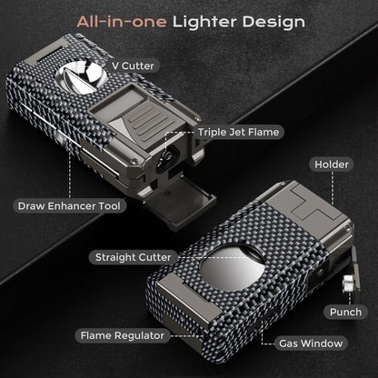 6-in-1 Torch Lighters, Torch Lighter with V & Straight Cutter, Punch, Holder, Draw Enhancer Tool, Triple Windproof Flame, All-in-one Lighter with Multi-Functional Accessory, Refillable Butane Lighters