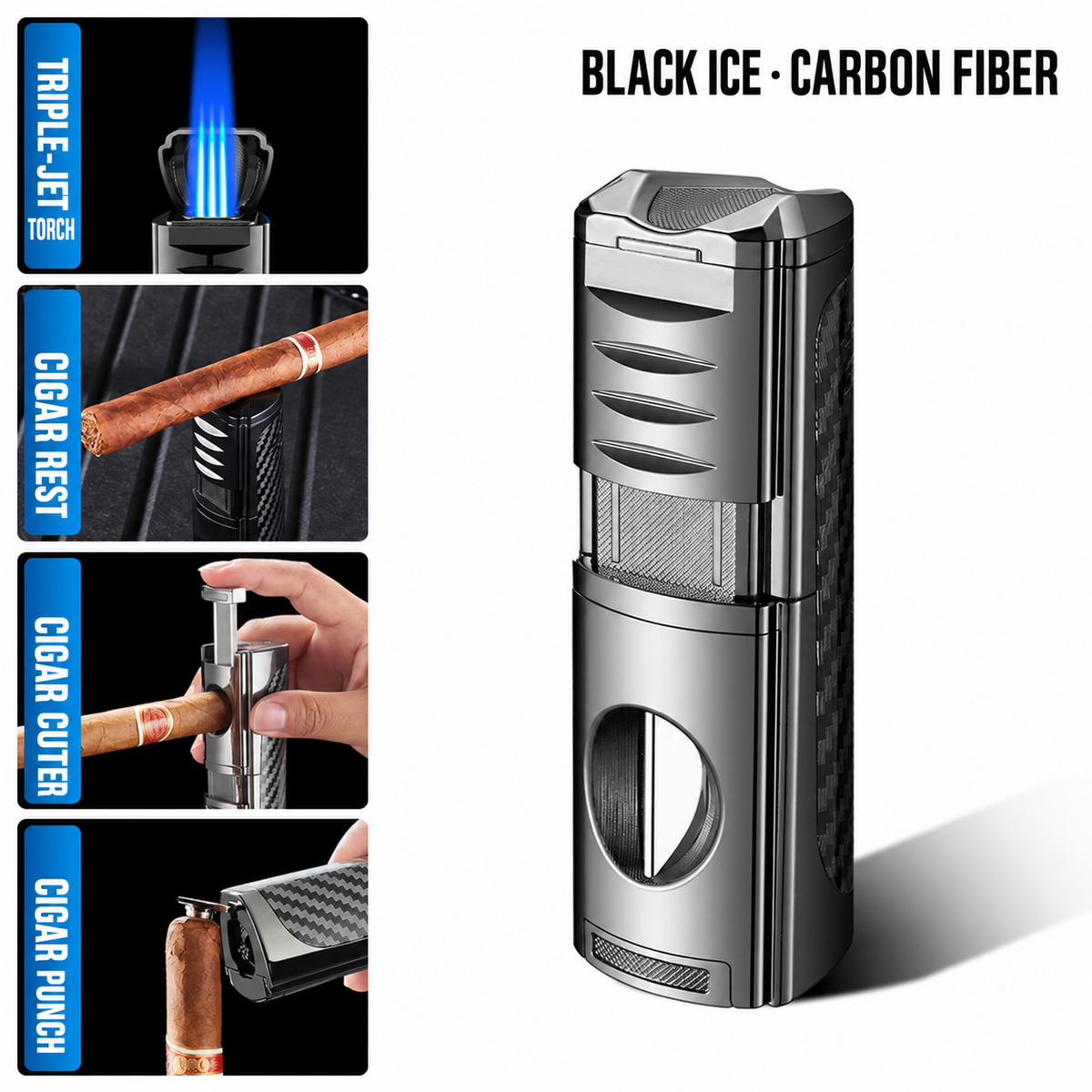 All-in-One Cigar Torch Lighter Set with V Cutter, Punch and Holder, Windproof Triple Jet Refillable Butane Lighter Kit with Present Box, Adjustable Flame (Gas Not Included)