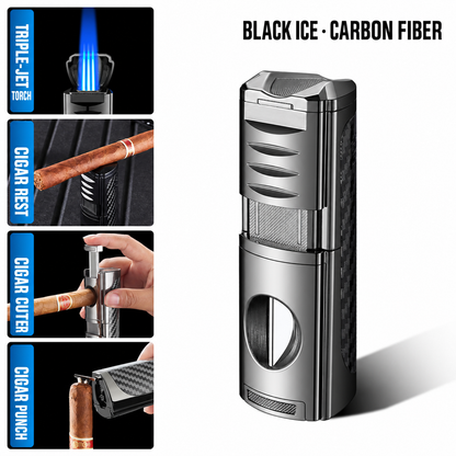 All-in-One Cigar Torch Lighter Set with V Cutter, Punch and Holder, Windproof Triple Jet Refillable Butane Lighter Kit with Present Box, Adjustable Flame (Gas Not Included)