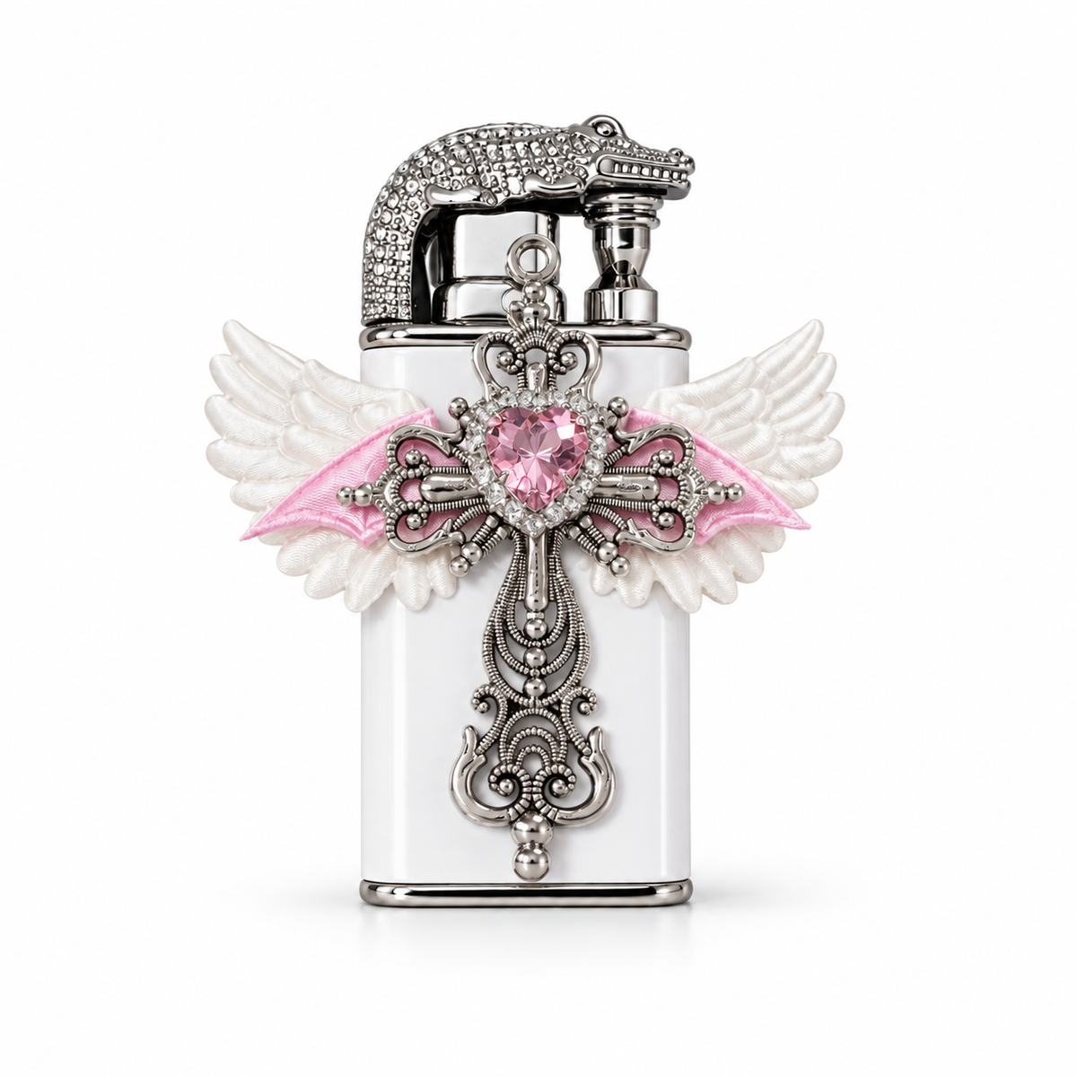 Cute&Elegant style Bow Dual-Flame Lighter with Rhinestone Accent, Decorative Metal Pocket Lighter, Pink & White,Black( No Fuel Included)