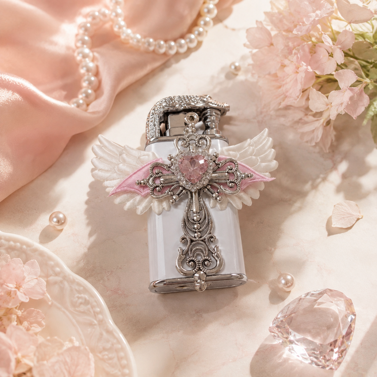 Cute style Bow Dual-Flame Lighter with Rhinestone Accent, Decorative Metal Pocket Lighter, Pink & White,Black( No Fuel Included)