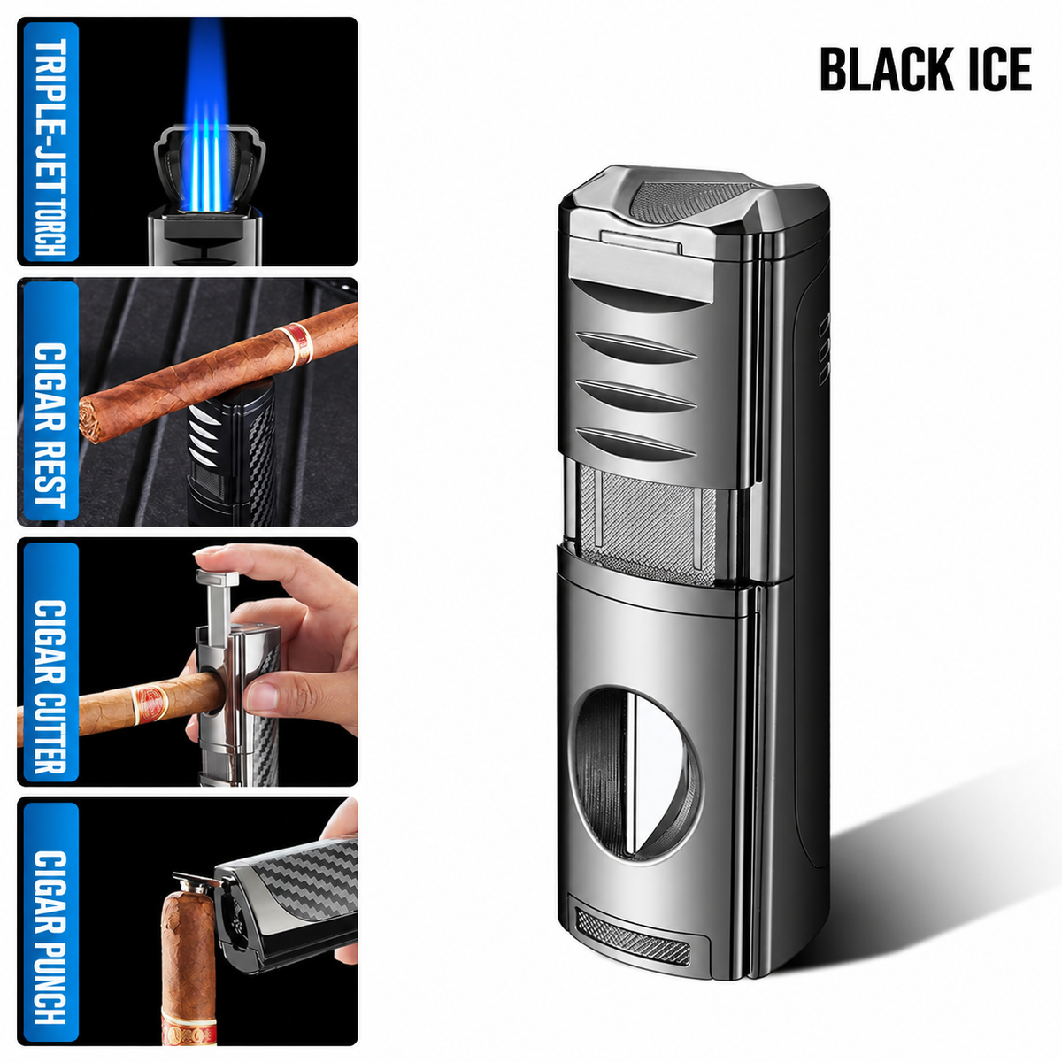 All-in-One Cigar Torch Lighter Set with V Cutter, Punch and Holder, Windproof Triple Jet Refillable Butane Lighter Kit with Present Box, Adjustable Flame (Gas Not Included)