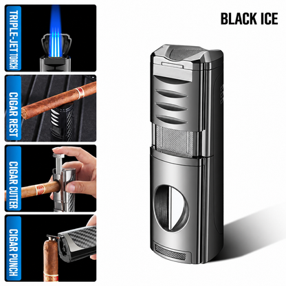 All-in-One Cigar Torch Lighter Set with V Cutter, Punch and Holder, Windproof Triple Jet Refillable Butane Lighter Kit with Present Box, Adjustable Flame (Gas Not Included)