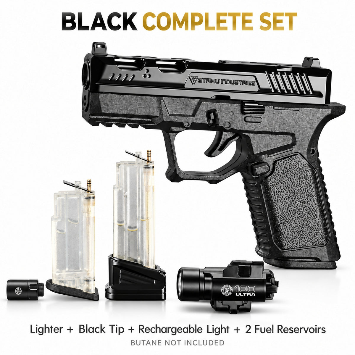 Black Pistol-Shaped Butane Torch Lighter Set with Rechargeable Light, Black Tip & 2 Interchangeable Fuel Reservoirs — Butane Not Included