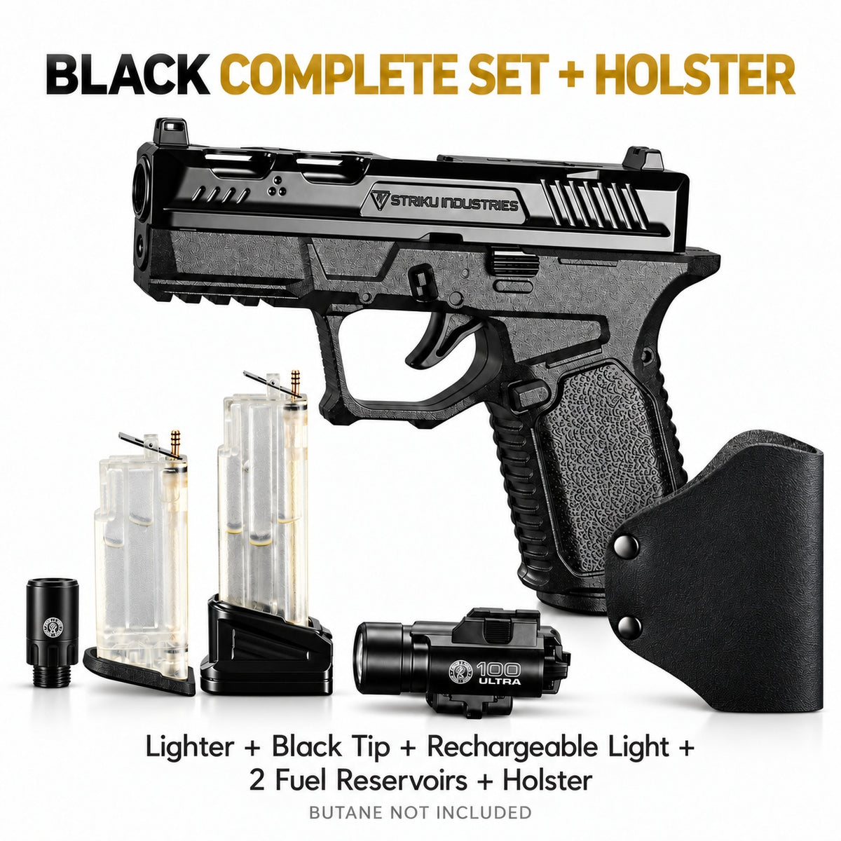 Black Pistol-Shaped Butane Torch Lighter Set with Rechargeable Light, Black Tip & 2 Interchangeable Fuel Reservoirs — Butane Not Included