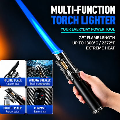 5-IN-1 Butane Torch Lighter [No Gas] with Folding Knife, Window Breaker, Bottle Opener & Compass – Windproof EDC Multi Tool for Camping, BBQ & Outdoor Adventures
