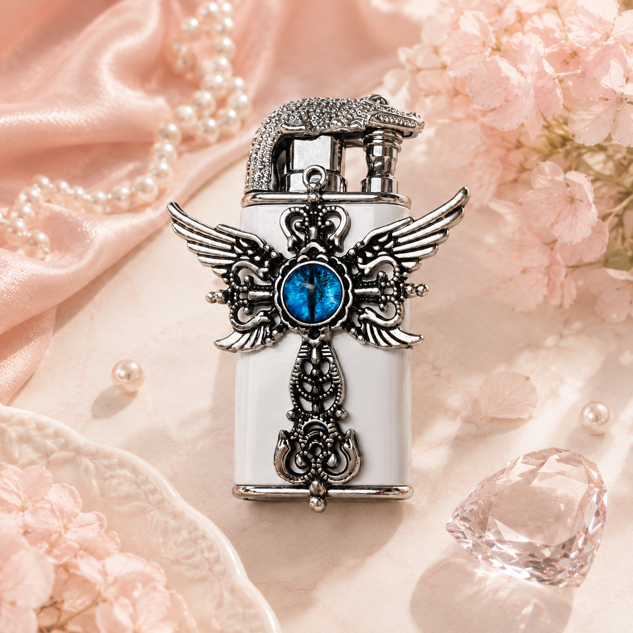 Cute style Bow Dual-Flame Lighter with Rhinestone Accent, Decorative Metal Pocket Lighter, Pink & White,Black( No Fuel Included)
