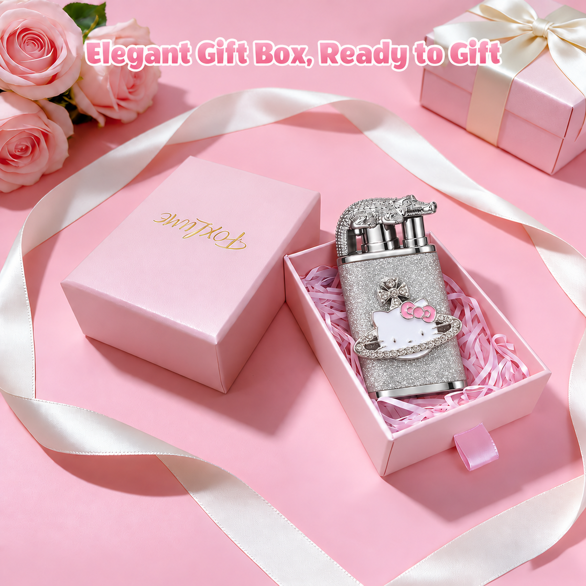 Elegant Dual Flame Butane Lighter for Women, Sparkling Refillable Pocket Lighter with Windproof Jet & Soft Flame, Adjustable Flame and Gift Box, Birthday Gift for Her (Fuel Not Included)