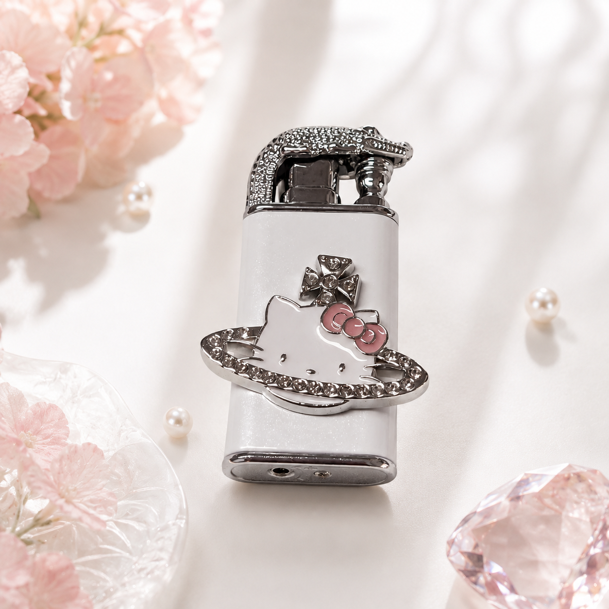 Cute style Bow Dual-Flame Lighter with Rhinestone Accent, Decorative Metal Pocket Lighter, Pink & White,Black( No Fuel Included)