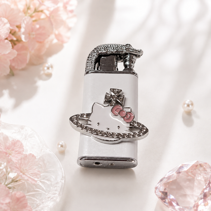 Cute style Bow Dual-Flame Lighter with Rhinestone Accent, Decorative Metal Pocket Lighter, Pink & White,Black( No Fuel Included)