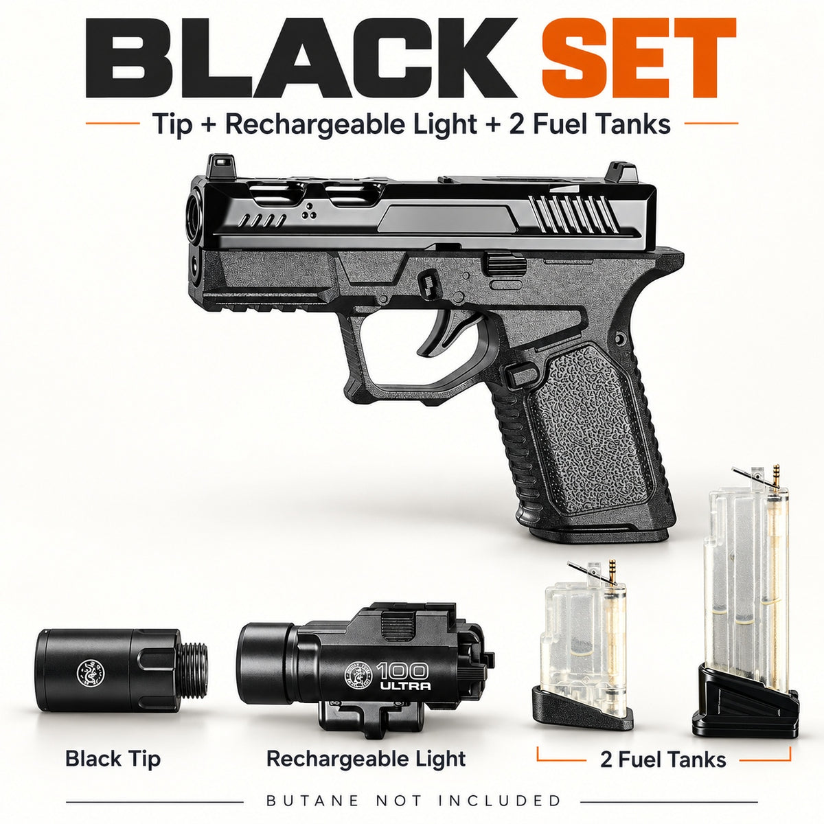 Black Pistol-Shaped Butane Torch Lighter Set with Rechargeable Light, Black Tip & 2 Interchangeable Fuel Reservoirs — Butane Not Included