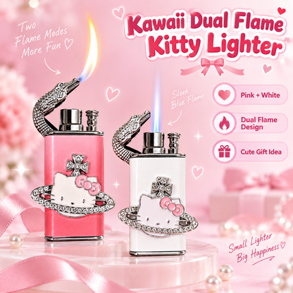 Cute&Elegant style Bow Dual-Flame Lighter with Rhinestone Accent, Decorative Metal Pocket Lighter, Pink & White,Black( No Fuel Included)