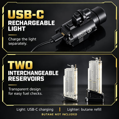 Black Pistol-Shaped Butane Torch Lighter Set with Rechargeable Light, Black Tip & 2 Interchangeable Fuel Reservoirs — Butane Not Included