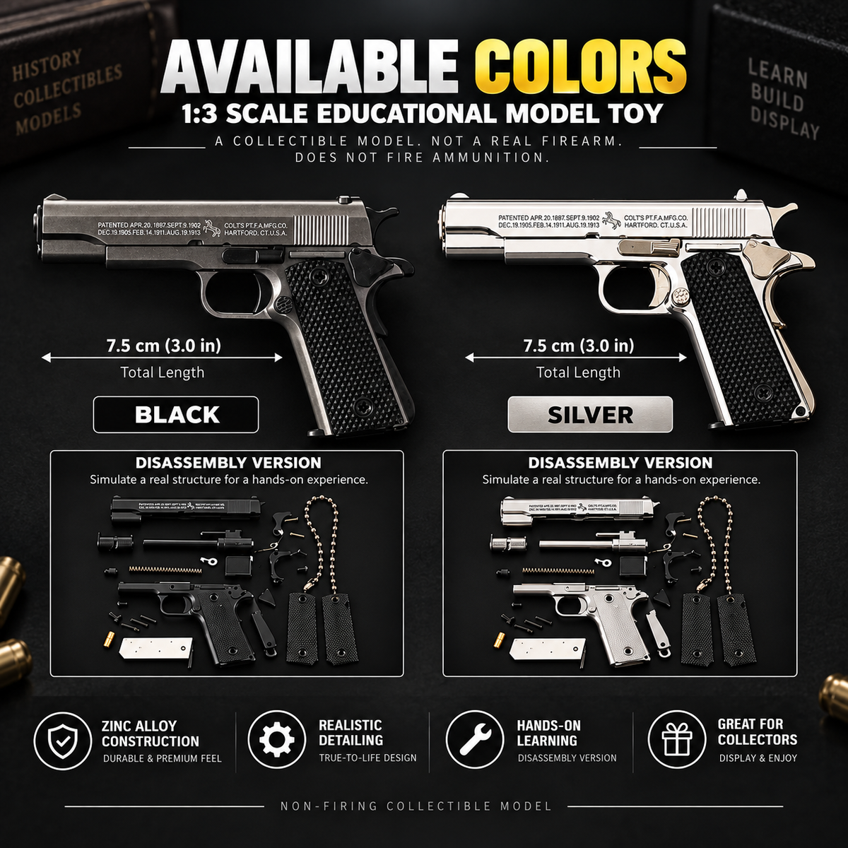 1:3 Mini 1911-Style Metal Collectible Model – Non-Firing, Take-Apart Design